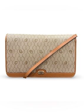 Christian Dior Vintage Monogram Canvas Clutch Crossbody Bag Brown Leather